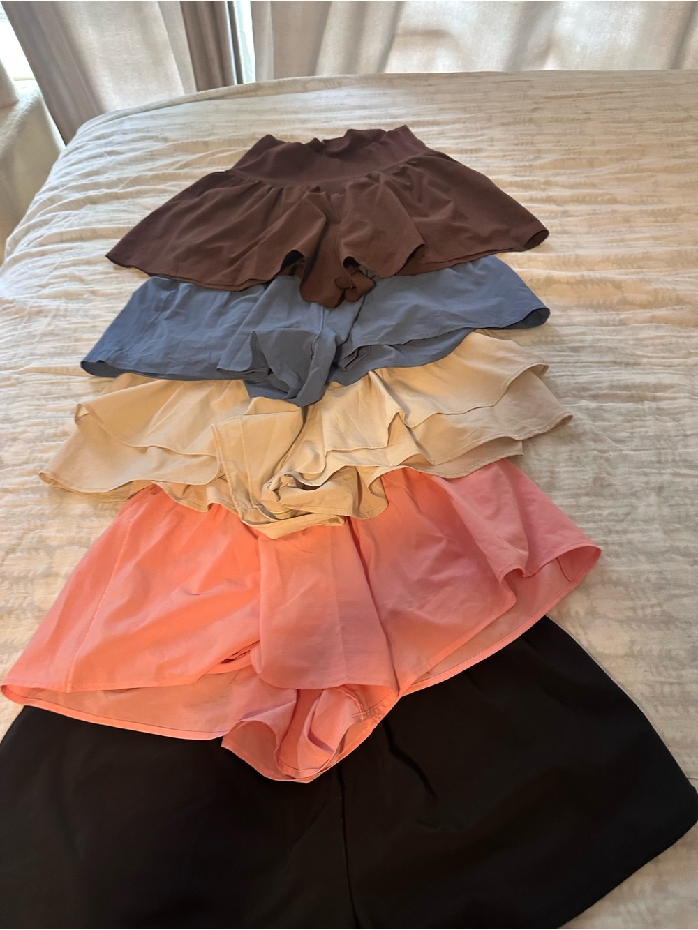 aerie layered skort shorts in brown, blue, cream, coral (black not included)